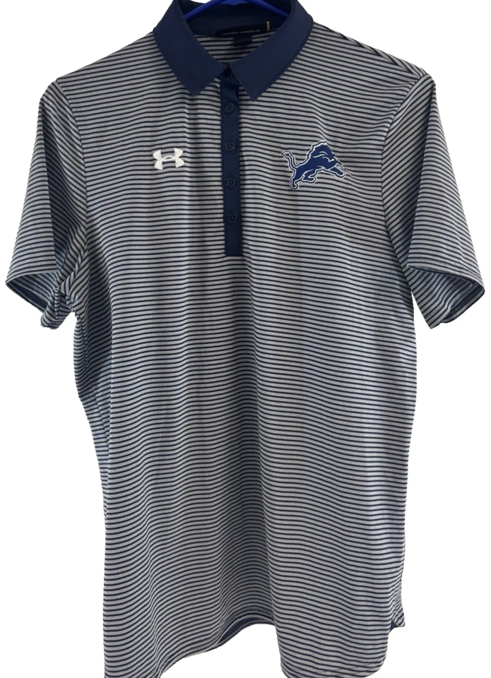 Detroit Lions Women's Under Armour Polo Shirt Top Striped Loose Fit Large - Image 1 of 4
