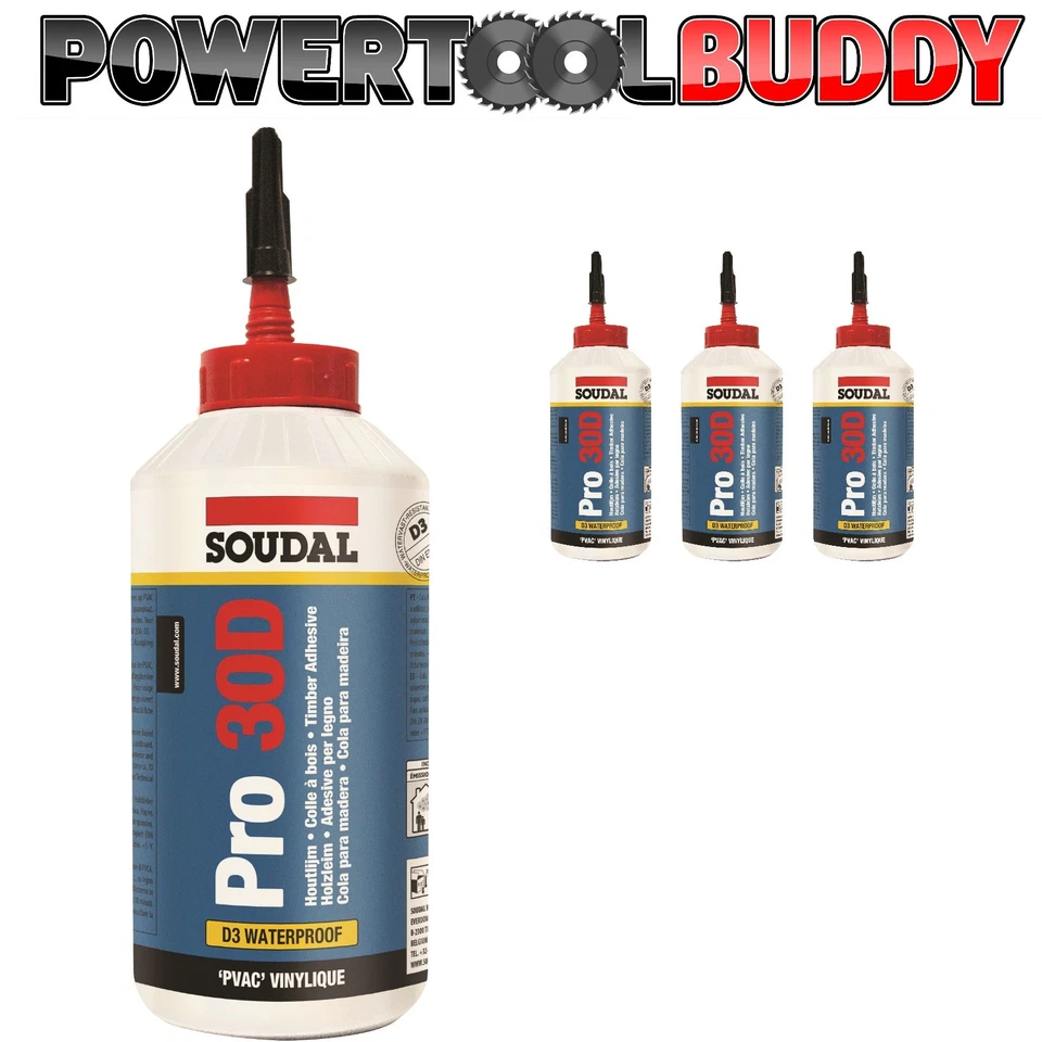 Pegamento para madera impermeable Soudal PRO 30D D3 750 ml PVA de secado rápido caja de 3