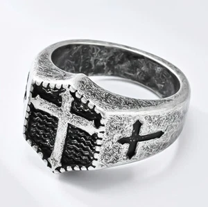 Mens Christian Cross Signet Ring Stainless Steel Cocktail Party Biker Band Retro - Picture 1 of 26