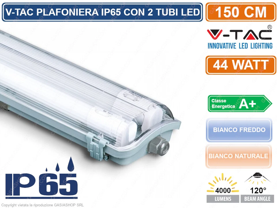 V-TAC VT-15022 TUBO LED PLAFONIERA 2X22W LAMPADINA 150CM IMPERMEABILE 6388 6400 - Immagine 1 di 1