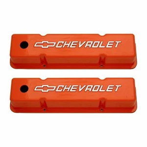 Small Block Chevy Tall Cast Aluminum Valve Covers w/ Chevy Logo - Orange - Bild 1 von 4