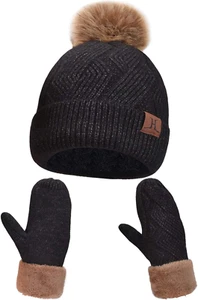 Hat and Gloves for Women, Thermal Winter Knit Beanie Hats-And-Mittens 2 Pcs Set - Picture 1 of 12