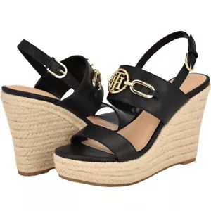 Tommy Hilfiger Khari Espadrille Wedge Sandals Black Gold Logo Size 8.5 - Picture 1 of 19