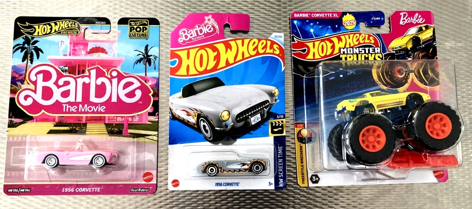 3 x LOT HOT WHEELS BARBIE CORVETTE Collection MONSTER TRUCKS POP CULTURE MOVIE - Изображение 1 из 1