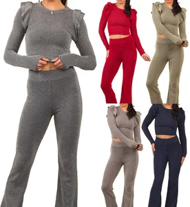 Ladies Long Sleeve Frill Knitted Top Wide Leg Palazzo 2 Pcs Set Ribbed Tracksuit - Picture 1 of 10