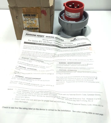 Arrow Hart AH430B7W lec 309 Inlet, 30A, 480V,  series II Inlet,3 pole 4wire - Image 1 of 4