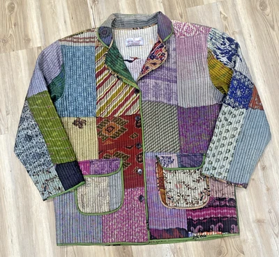 Sacred Threads 100% Silk Patchwork Quilted Jacket Boho Hippe M/L Multicolor - Image 1 of 4