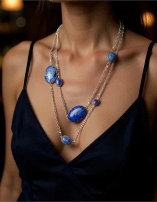 全新带标签 Chico’s “Geovanna” 长银链项链带蓝色声明石 💙✨ — 第 1/4 张图片