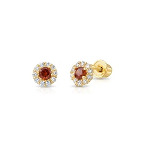 14K Real Solid Gold Round Halo Birthstone CZ Sleeper Studs Earrings Screw-back - Picture 1 of 54