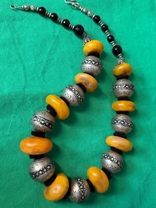 Moroccan Berber Necklace Lrge Beads with Metal Features & Black cut beads - Picture 1 of 8