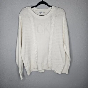 Calvin Klein Ivory Sweater Womens XL Cable Knit Preppy Luxury Logo Quiet Luxury - Picture 1 of 11