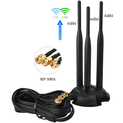 L13D WiFi Antenna 2.4G 5.8G 3x 6dBi RP-SMA Adapter Cable with Magnet Stand 3m - Image 1 of 4