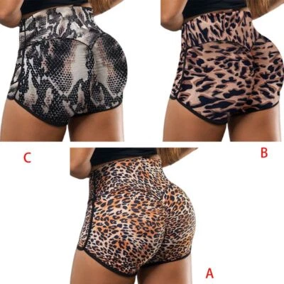 Women High Waist Butt Lift Yoga Shorts Leopard Snakeskin Print Workout Leggings - Image 1 of 4