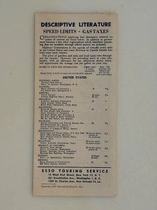 Vintage 1947 Esso Touring Service Descriptive Literature Speed Limits Gas Taxes - Picture 1 of 3
