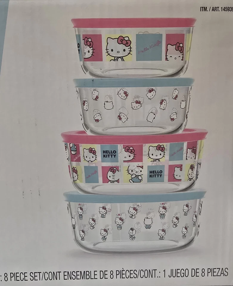 Pyrex Hello Kitty Decorated Glass Food Storage Container 8 Piece Set