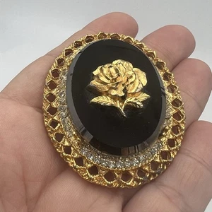 Promi goldfarbene & große schwarze Glas Rose Brosche / Anhänger oval groß Vintage - Bild 1 von 7