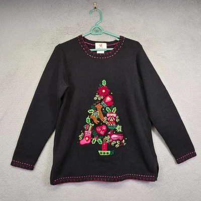 Quacker Factory Sweater Womens S Black Christmas Holiday Embroidered Grandma - Image 1 of 4