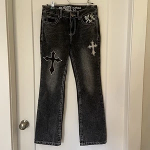 Vintage Style Ninth Hall Alyssia Jeans – Size 10 – Black Denim w/ Cross Patches - Picture 1 of 11