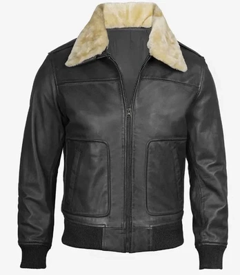 Men's New Style Fur Collar Motorcycle Bomber Biker Lambskin Black Leather Jacket - Image 1 of 4