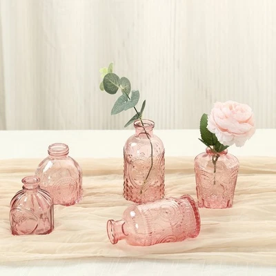 6 DUSTY ROSE Decorative Glass Flower VASES Embossed Vintage Design Party - Image 1 of 4