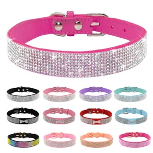 Bling Rhinestone Diamonds Dog Cat Collars Suede Leather Puppy Pet Necklace XS-M - Picture 1 of 17
