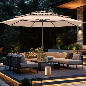 10FT 3 Tier Patio Umbrella LED Lights Solar Market Umbrella w/Tilt Crank Outdoor - Picture 1 of 11