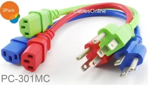 3-Pack 1ft Short 3-Conductor AC Power Cable Three Colors , Blue, Green, Red - Picture 1 of 1