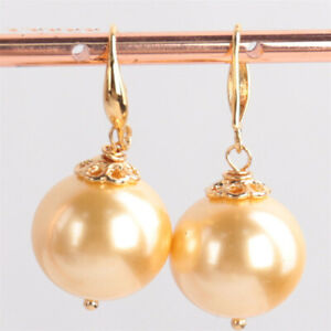 16MM Yellow shell pearl Earring 18KGP Dangle Holiday gifts AAA Flawless Aurora