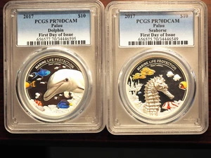 2017 PALAU DOLPHIN & SEA HORSE HIGH RELIEF 2 OZ EACH .999 SILVER PCGS PR 70 DCAM - Picture 1 of 5