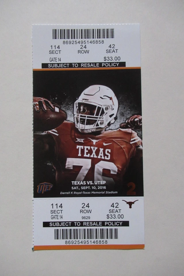 TEXAS LONGHORNS VS UTEP MINERS 9/10/2016 FULL TICKET ~ AARON JONES - Image 1 of 1