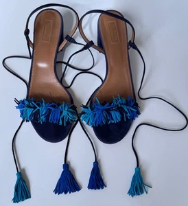 AQUAZZURA BLUE MID HEEL SUEDE LEATHER FRINGE SANDALS 42 - Picture 1 of 9