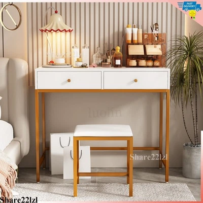 Escritorio de 35,4"" con 2 cajones y taburete acolchado pequeña mesa de tocador de maquillaje para computadora Foto 1 de 4