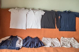 Girl's school Uniform LOT of 8 items beige/blue Sz7-8($ tops,2 shorts,skirt,jac) - Picture 1 of 14