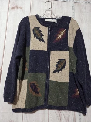 Dressbarn Woman Sweater Womens 1X Navy Zip Cardigan Fall Leaf Patchwork Wool - Image 1 of 4
