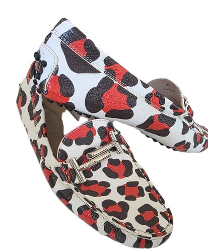 Mocassino TOD’S bianco arancione nero in pelle con stampa leopardata doppia T taglia 39 US 8 5 raro