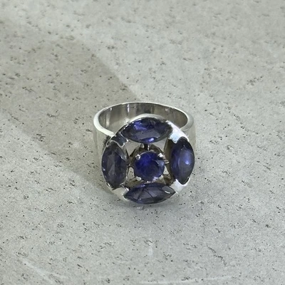 * Anillo racimo de iolita de plata esterlina vintage de los años 70 diseño sólido pesado talla O Foto 1 de 4