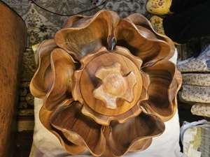 MCM VTG Large Lotus Flower Party Serving Bowls Set Lazy Susan Wood Bowl with Lid - Picture 1 of 5