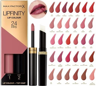 MAX FACTOR Lipfinity 2 Step Lip Colour + Top Coat 24Hrs Lip Tint Rossetto *NUOVO* - Immagine 1 di 4