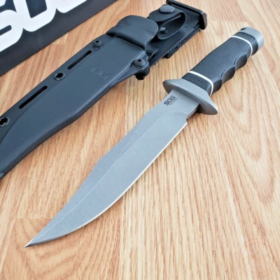 SOG Tech Fixed Knife 6.38 Stonewash Finish AUS-8 Steel Blade Black Rubber Handle - Image 1 of 4