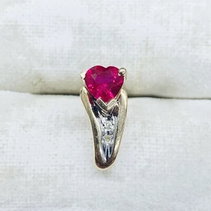 One Single THL 10k Yellow Gold Lab-Created Ruby Heart & Diamond Bow Stud Earring - Picture 1 of 5
