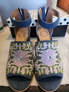 Dolce Mojo Moxy Blue Denim Floral Embroidered Heeled Sandals Shoes 6.5M NIB - Picture 1 of 7