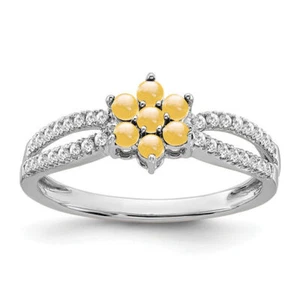 14K Solid White Gold Citrine Diamond Flower Ring - Picture 1 of 36