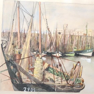 Vue de Port Bateaux à Quai Tableau Original Signé - Picture 1 of 9