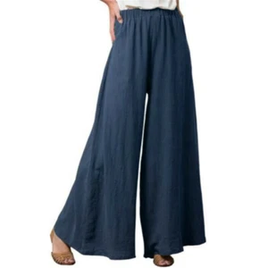 Womens Cotton Linen Loose Wide Leg Trousers High Waist Beach Pants Summer New - Picture 1 of 52