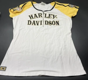 HARLEY DAVIDSON Damen T-Shirt gelb & weiß Half Zipped Top Tee Gr. XL - Bild 1 von 5
