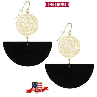 Abstract Black and Gold Handmade Boho Statement Earrings, 18K Gold Ear Wires - Image 1 of 4