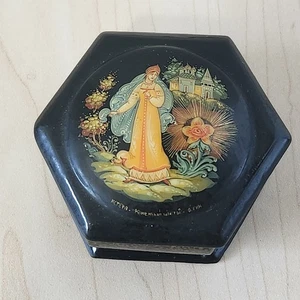 Vintage Russische Lackschatulle Mstera Handbemalt Sechseck Schmuckschatulle Volkskunst - Bild 1 von 6
