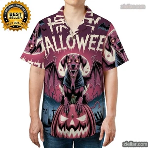 Camicia hawaiana spaventosa cane Vizsla Halloween con stampa zucca e ali di pipistrello - Foto 1 di 6