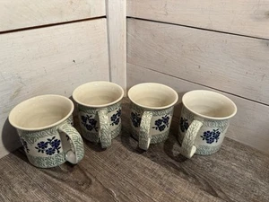 Set Of 4 Mugs Polish Pottery Boleslawiec Sage Green Blue Floral G. Ciesla EUC - Picture 1 of 8