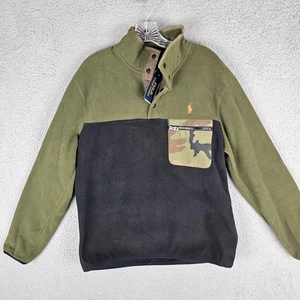 Polo Ralph Lauren Fleece Sweatshirt Mens Medium Green Black Camo Pocket 1/4 Snap - Picture 1 of 10